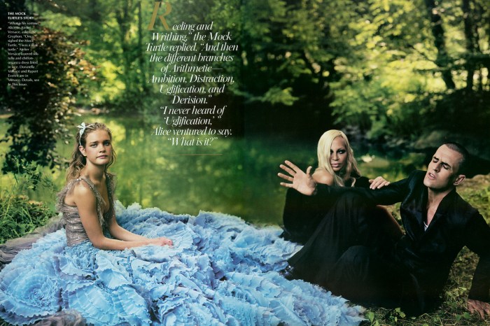 Donatella Versace and Rupert Everett (the Mock Turtle and the Gryphon)