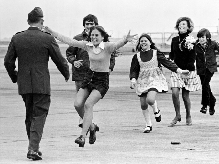 Released prisoner of war Lt. Col. Robert L. Stirm is greeted by his family at Travis Air Force Base in Fairfield, California on March 17, 1973, as he returns home from the Vietnam War. (AP Photo/Sal Veder)