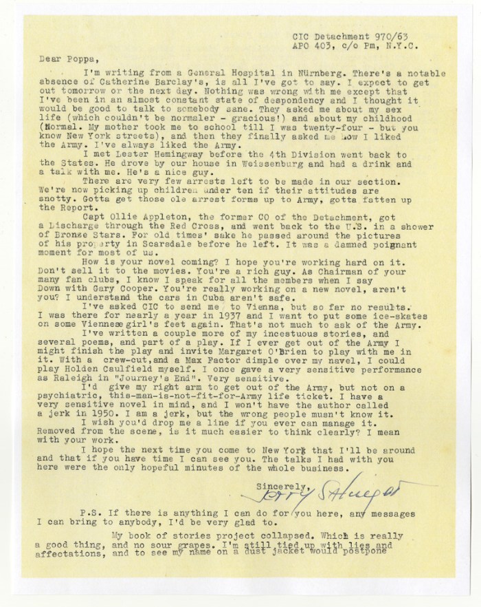 Salinger, lettera a Hemingway